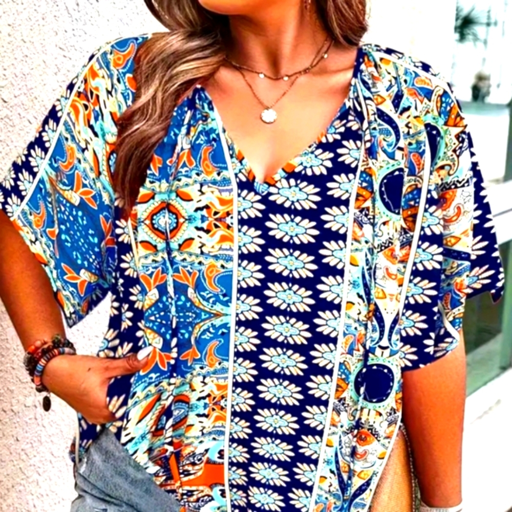 Orange/Blue Mid Length Sleeved Blouse